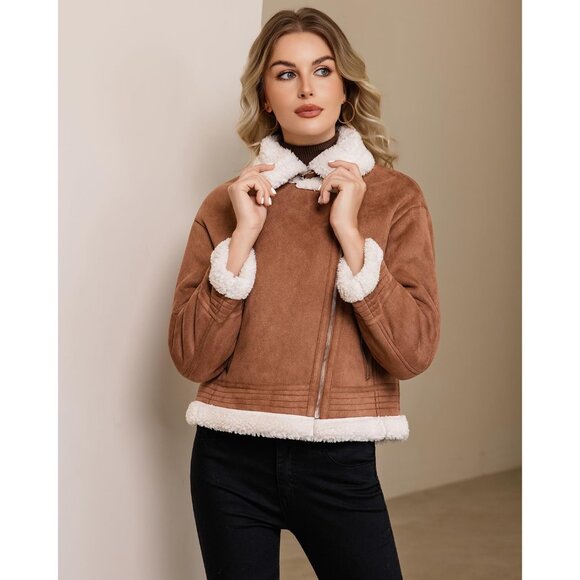 ⚡Women's Dark Brown Fur Winter Coat Warm Thick Fur Lined Faux Leather Jacketv - Picture 6 of 6